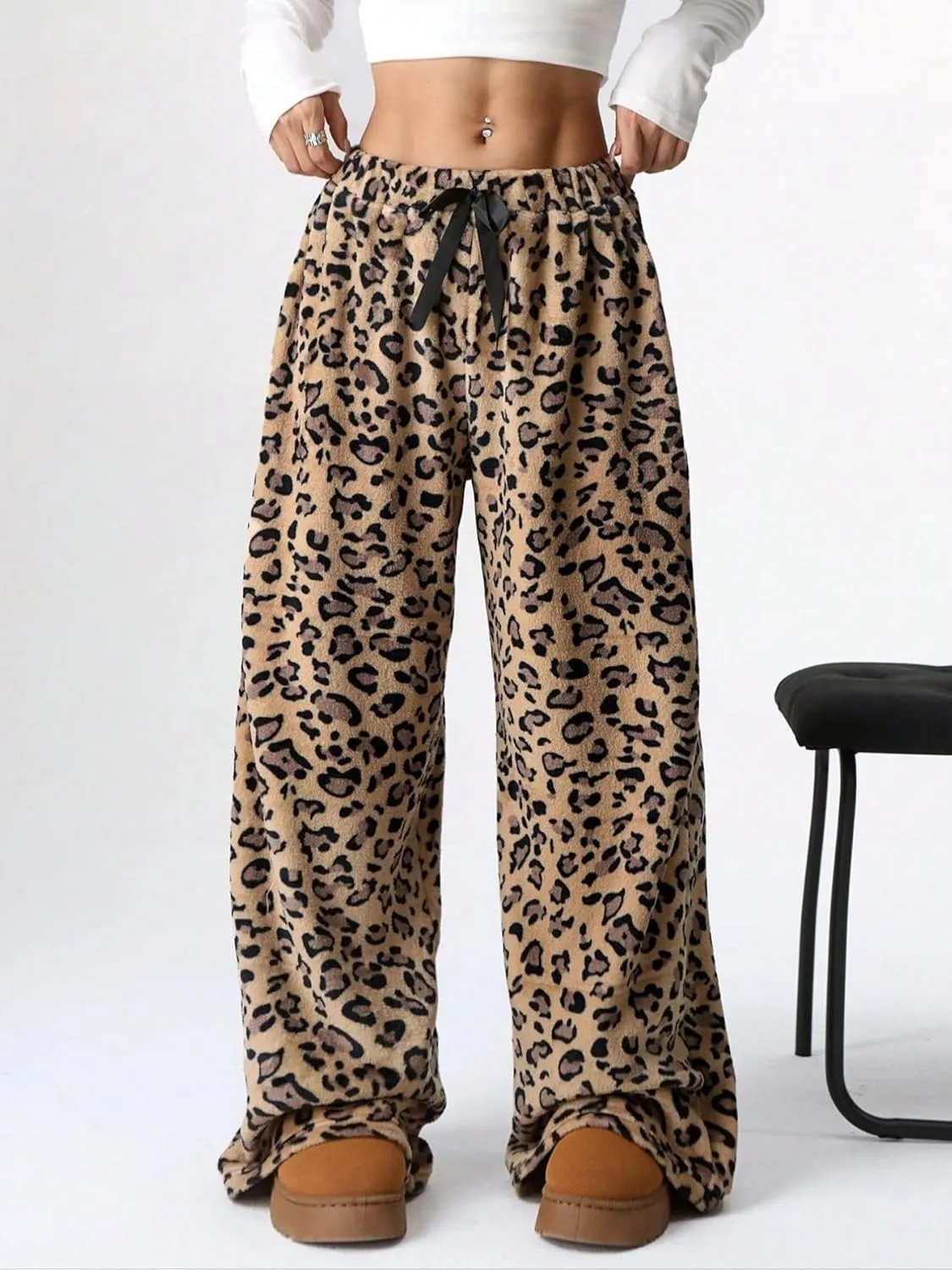 Leopard Pants Women Therian Fuzzy Pajama Pants Y2k Cheetah Pants Grunge High Waisted Fluffy Pants