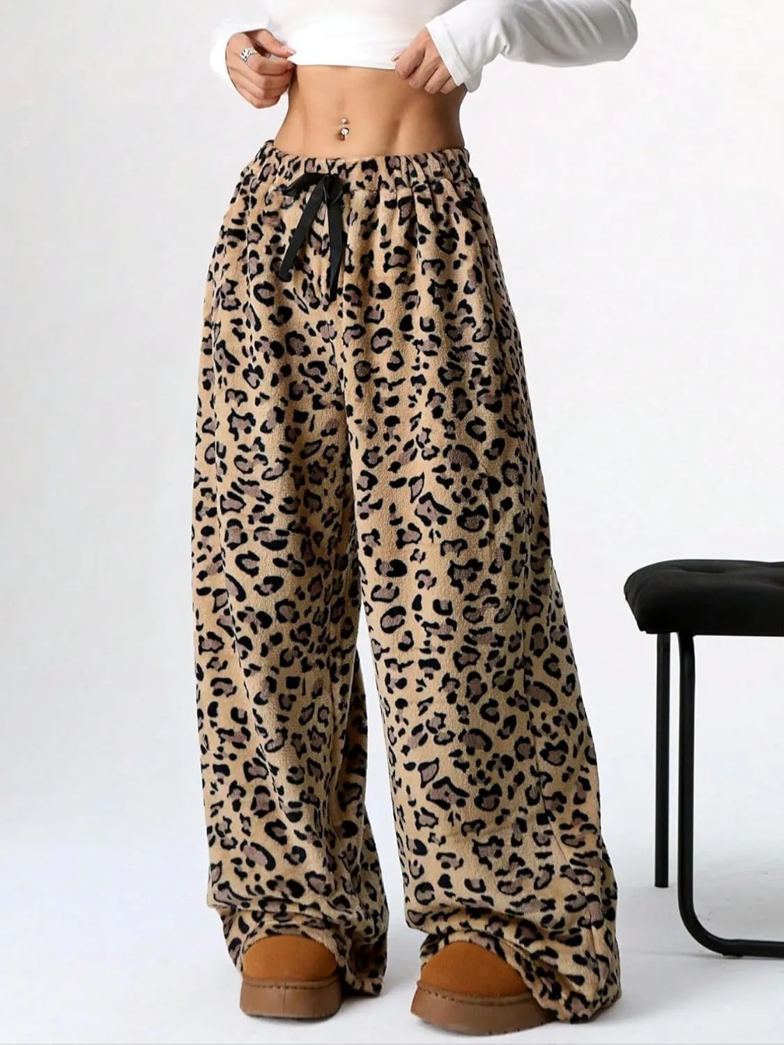 Leopard Pants Women Therian Fuzzy Pajama Pants Y2k Cheetah Pants Grunge High Waisted Fluffy Pants