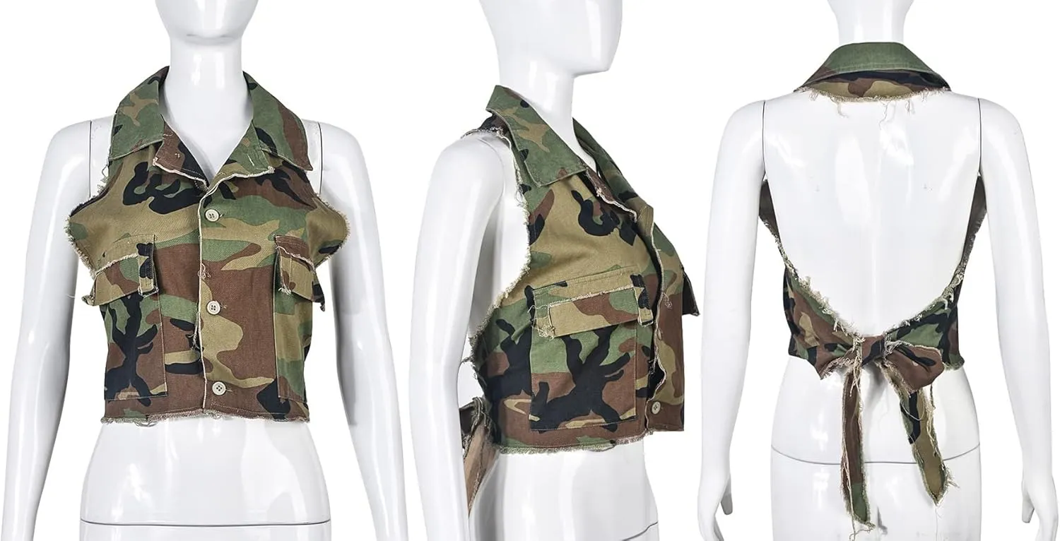 LETSVDO Women's Sexy Camo Halter Vest Backless Sleeveless Lapel V Neck Button Down Jean Crop Tank Top