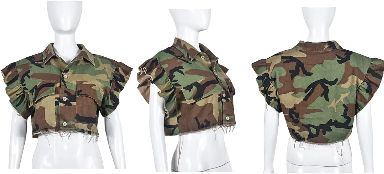 LETSVDO Women's Sexy Camo Halter Vest Backless Sleeveless Lapel V Neck Button Down Jean Crop Tank Top