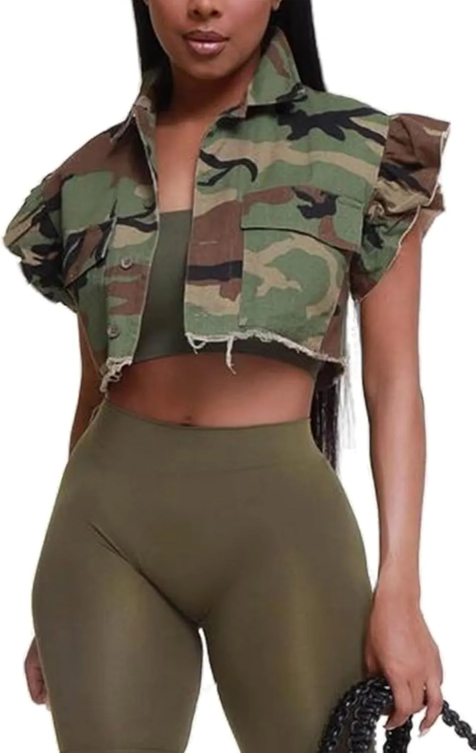 LETSVDO Women's Sexy Camo Halter Vest Backless Sleeveless Lapel V Neck Button Down Jean Crop Tank Top