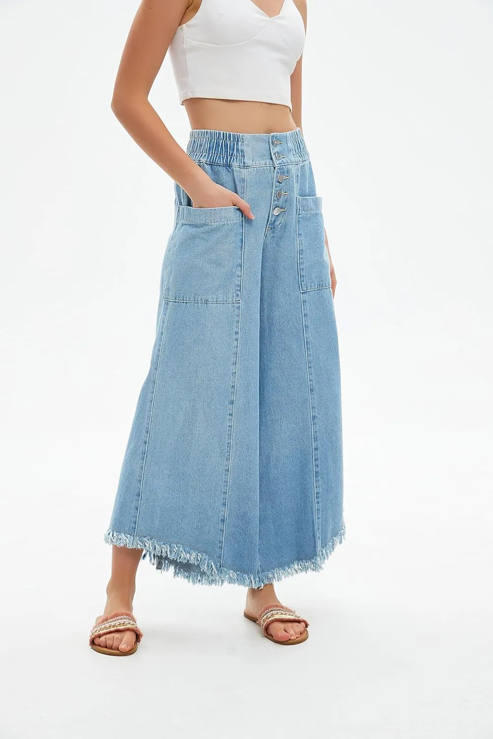 LifeShe Women's Baggy Wide Leg Jeans Elastic Waisted Cropped Denim Pants Loose Boyfriend Raw Hem Jeans
