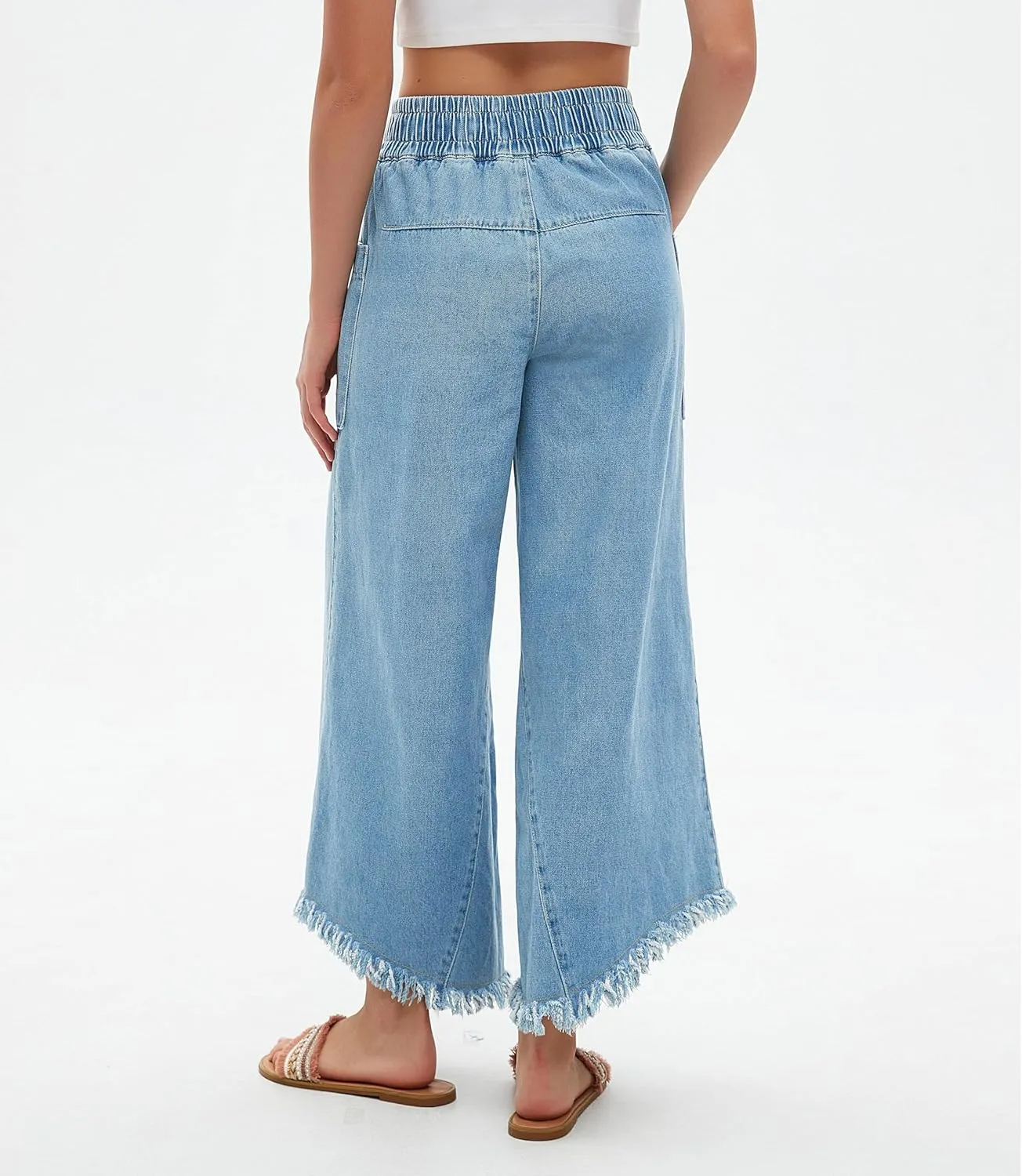 LifeShe Women's Baggy Wide Leg Jeans Elastic Waisted Cropped Denim Pants Loose Boyfriend Raw Hem Jeans