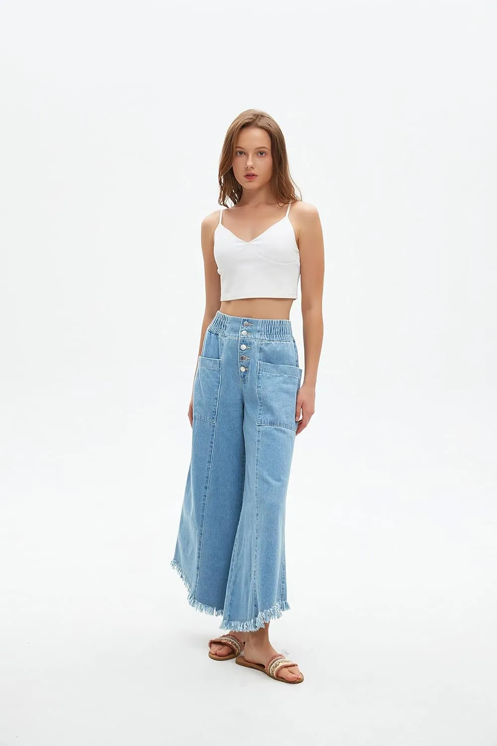 LifeShe Women's Baggy Wide Leg Jeans Elastic Waisted Cropped Denim Pants Loose Boyfriend Raw Hem Jeans