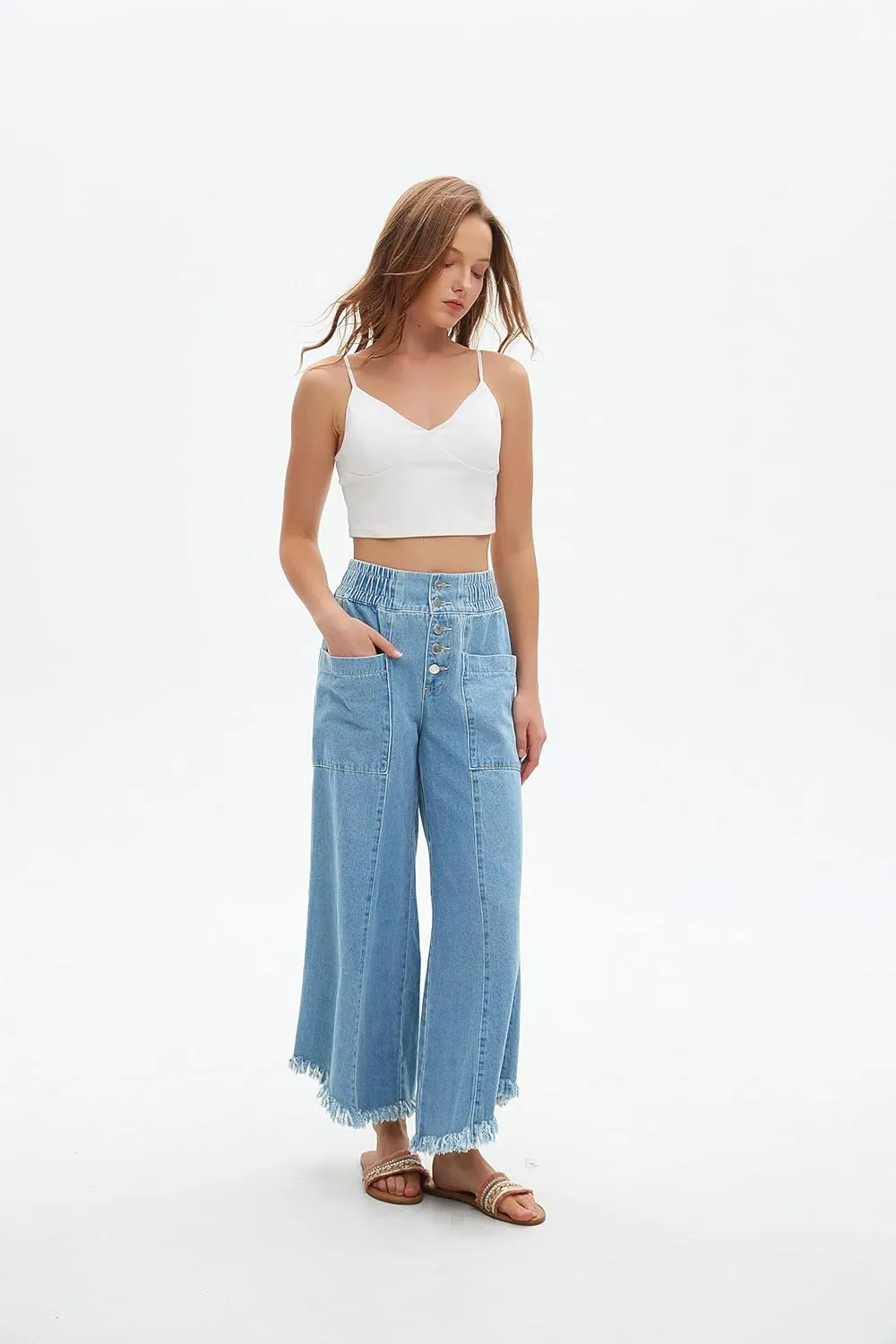 LifeShe Women's Baggy Wide Leg Jeans Elastic Waisted Cropped Denim Pants Loose Boyfriend Raw Hem Jeans