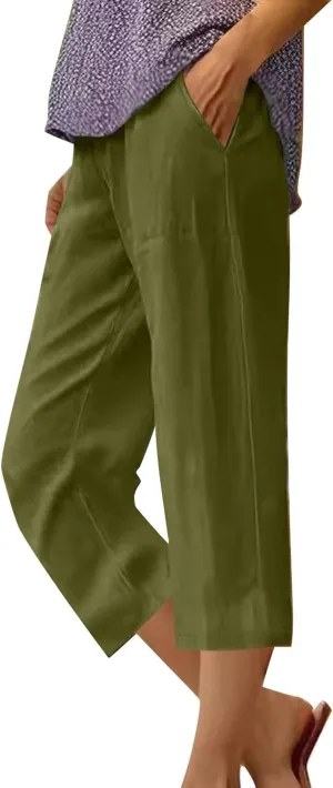 Linen Capris for Women Summer Solid Color Elastic Waisted Capri Pants with Pockets Casual Cropped Lounge Trousers