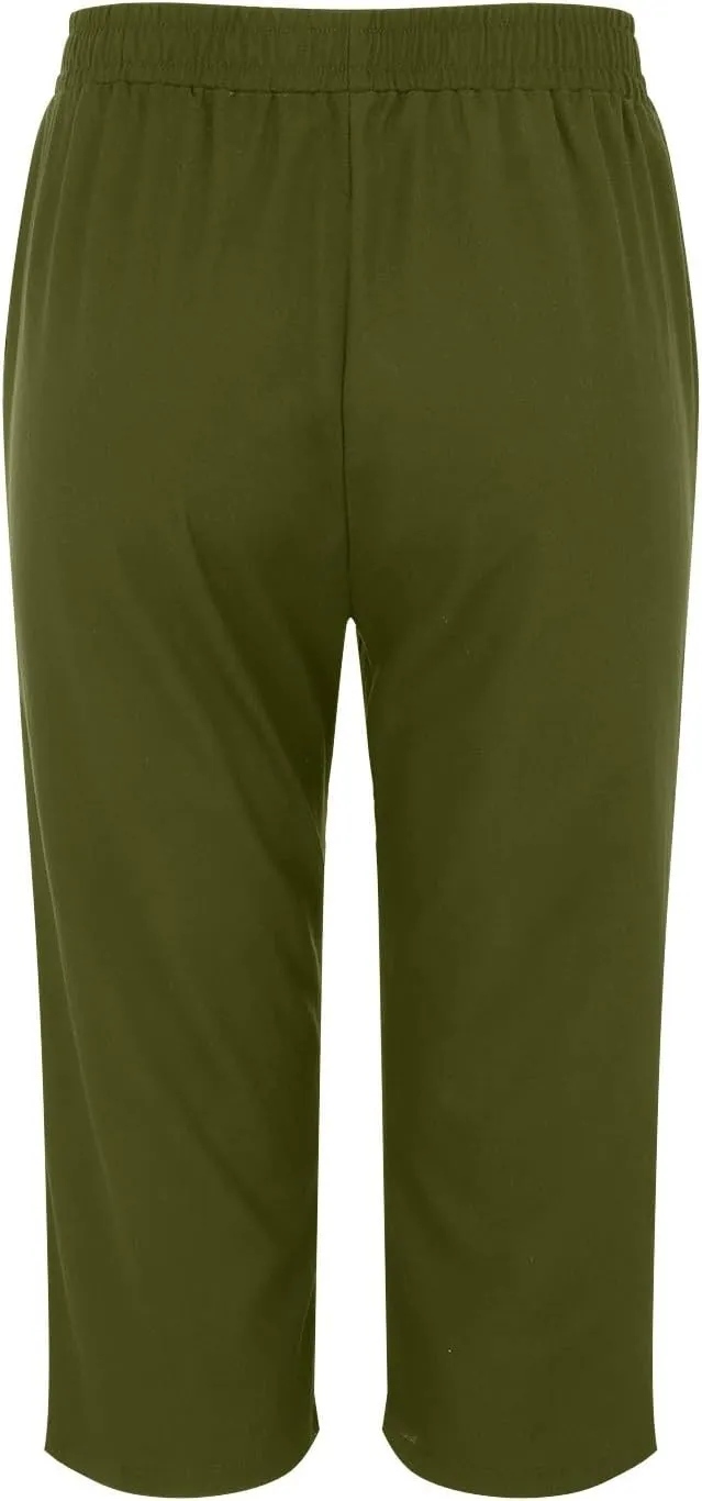 Linen Capris for Women Summer Solid Color Elastic Waisted Capri Pants with Pockets Casual Cropped Lounge Trousers