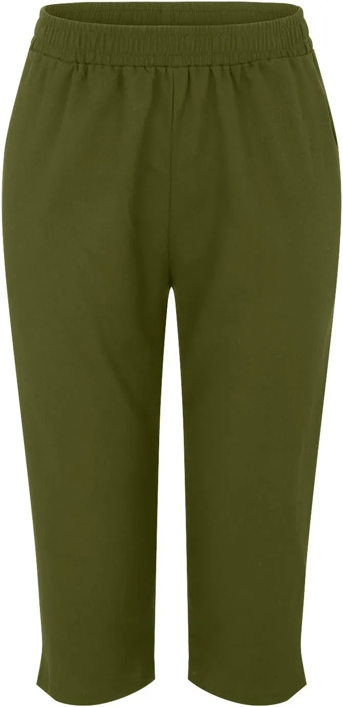 Linen Capris for Women Summer Solid Color Elastic Waisted Capri Pants with Pockets Casual Cropped Lounge Trousers