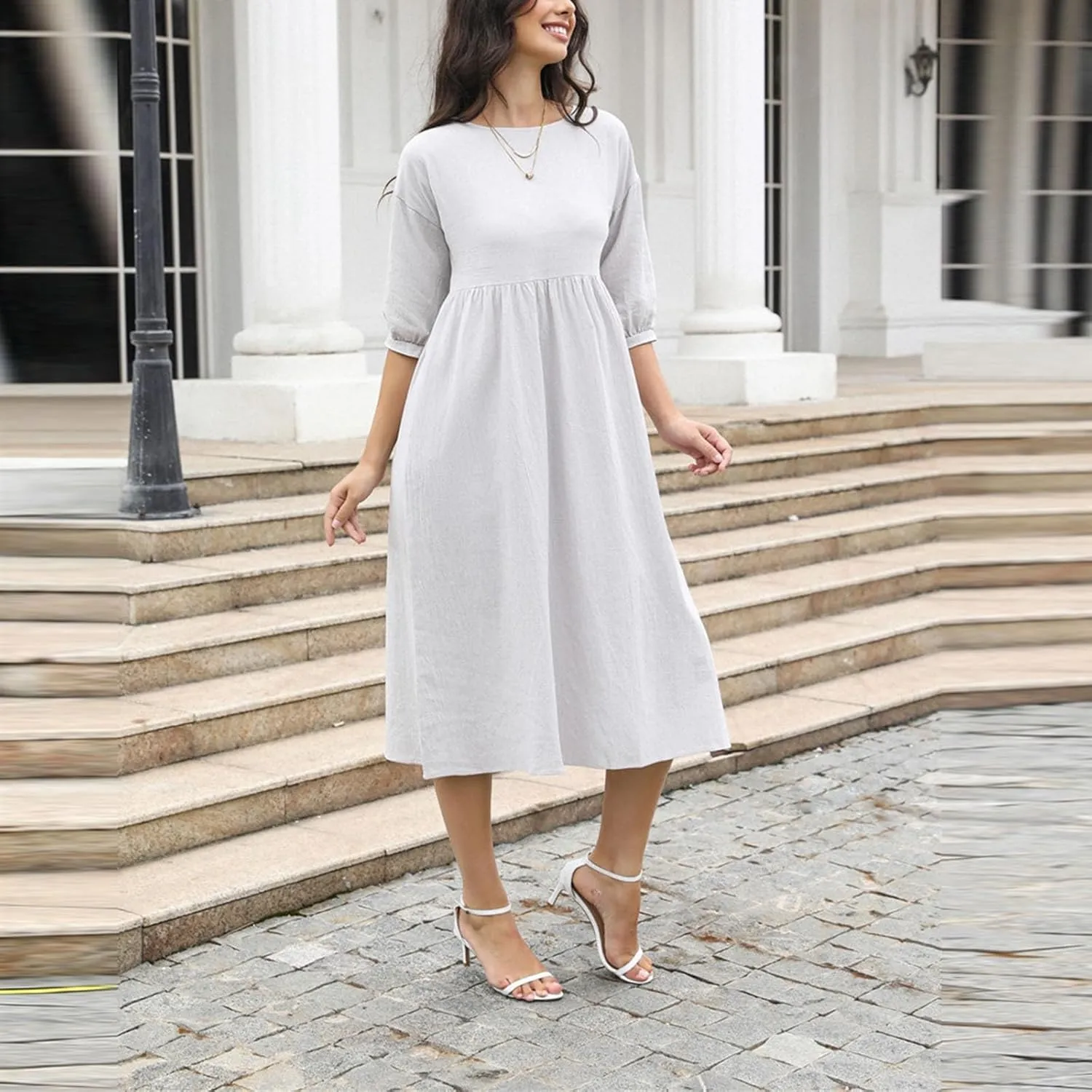 Linen Dress for Women 2024 Long Sleeve Dresses Square Neck Smocked Ruffle Casual Trendy Pullover Dress