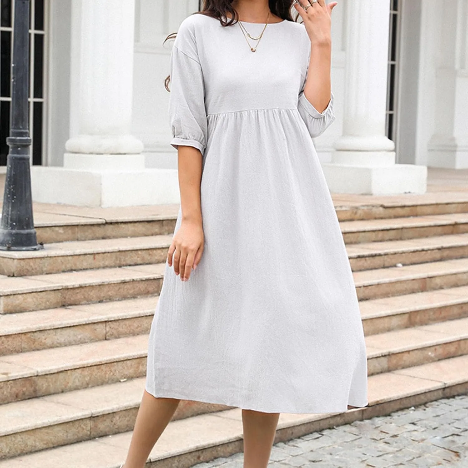 Linen Dress for Women 2024 Long Sleeve Dresses Square Neck Smocked Ruffle Casual Trendy Pullover Dress