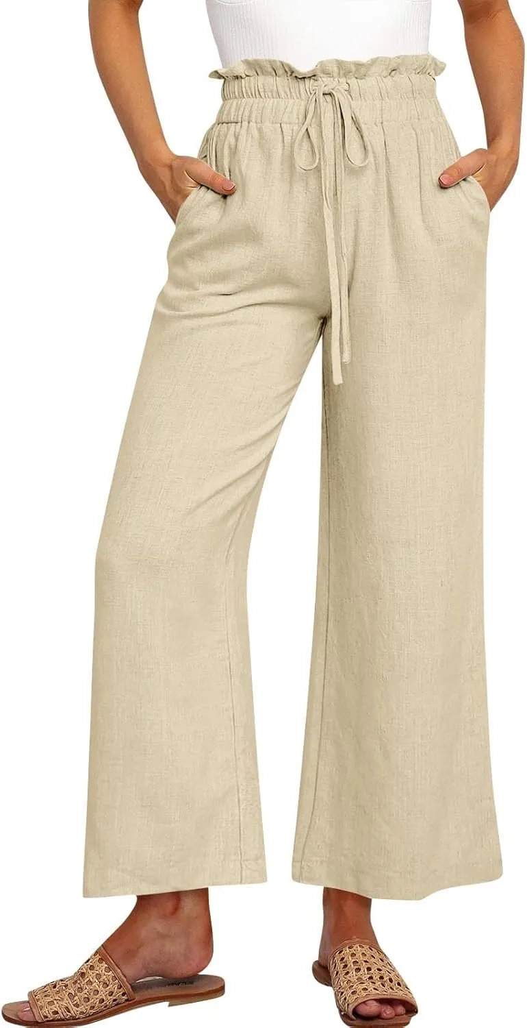 Linen Palazzo Pants for Women Drawstring Paperbag Waist Boho Wide Leg Cropped Pants Summer Beach Pants with Pockets