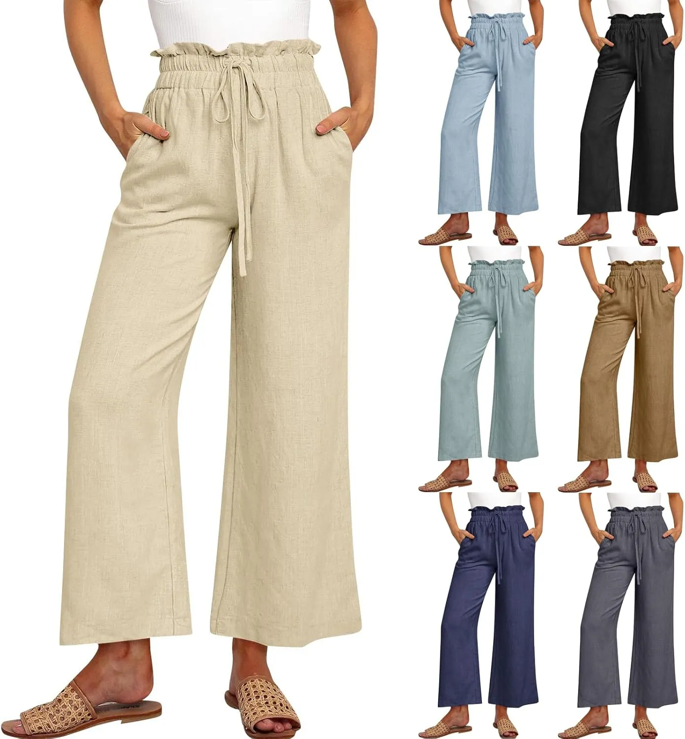 Linen Palazzo Pants for Women Drawstring Paperbag Waist Boho Wide Leg Cropped Pants Summer Beach Pants with Pockets