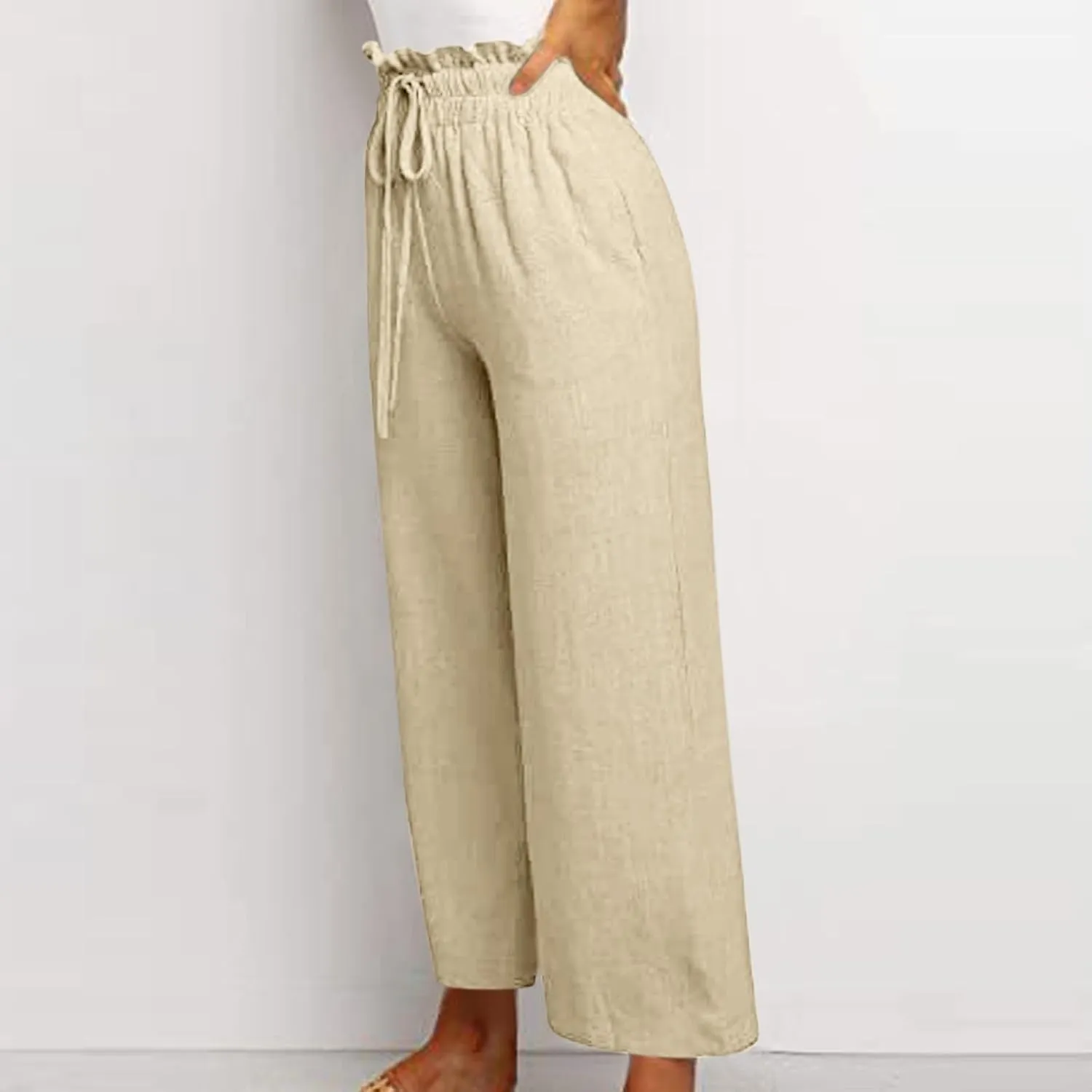 Linen Palazzo Pants for Women Drawstring Paperbag Waist Boho Wide Leg Cropped Pants Summer Beach Pants with Pockets