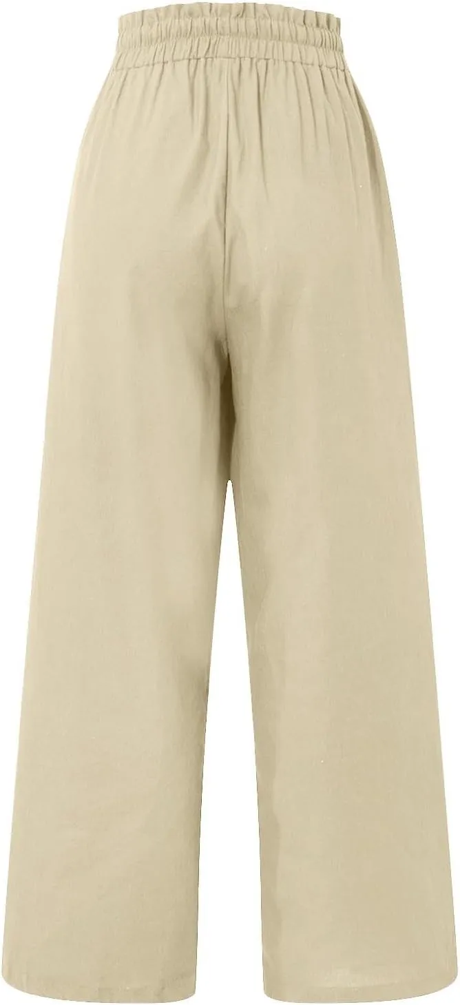 Linen Palazzo Pants for Women Drawstring Paperbag Waist Boho Wide Leg Cropped Pants Summer Beach Pants with Pockets