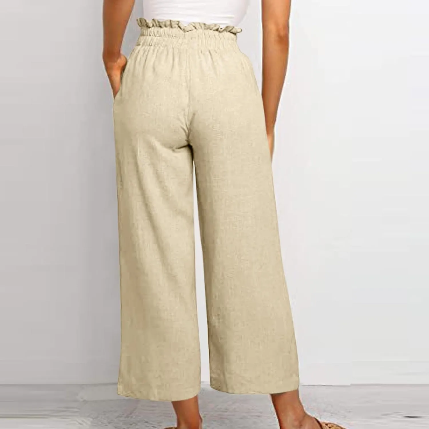 Linen Palazzo Pants for Women Drawstring Paperbag Waist Boho Wide Leg Cropped Pants Summer Beach Pants with Pockets