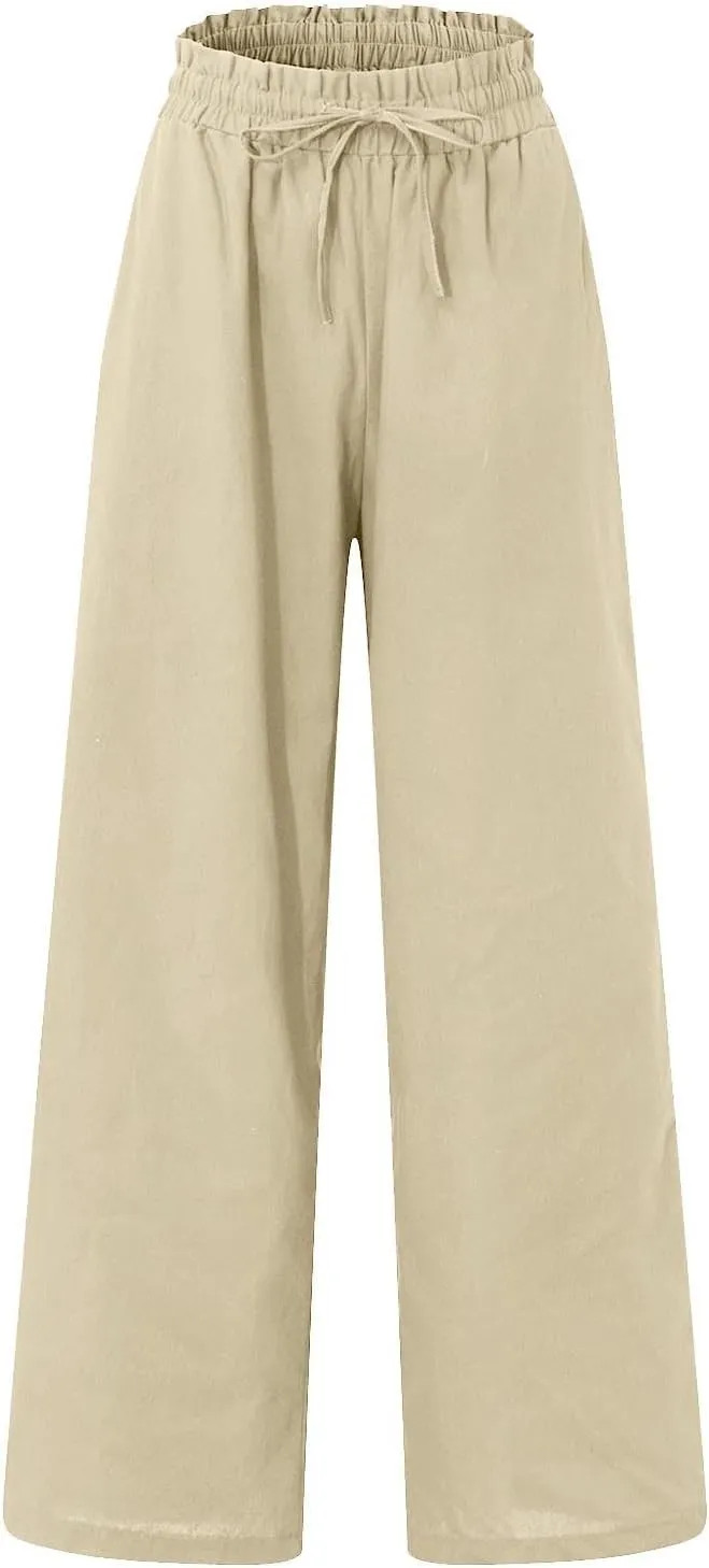 Linen Palazzo Pants for Women Drawstring Paperbag Waist Boho Wide Leg Cropped Pants Summer Beach Pants with Pockets