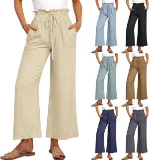 Linen Palazzo Pants for Women Drawstring Paperbag Waist Boho Wide Leg Cropped Pants Summer Beach Pants with Pockets