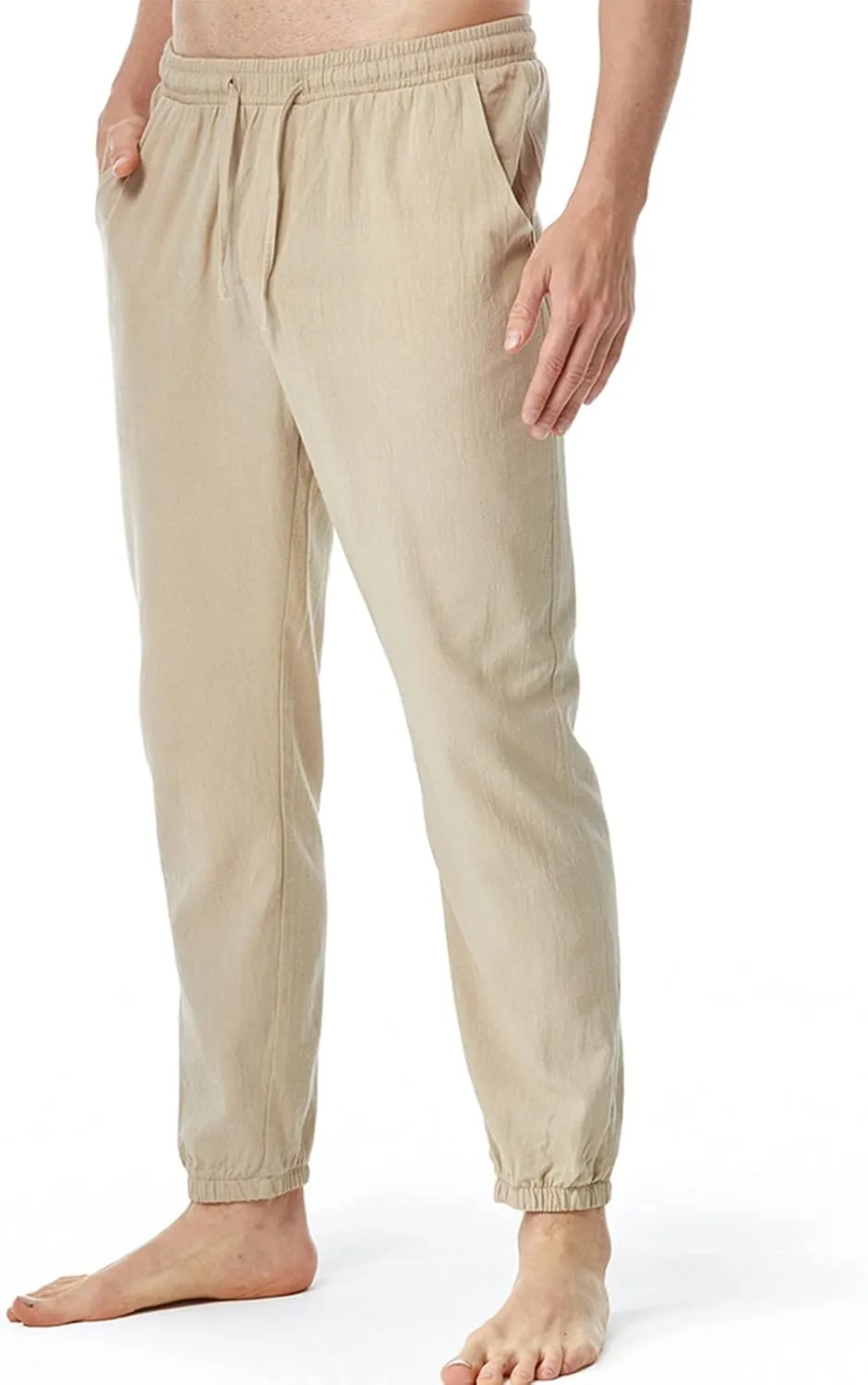 Linen Pants for Men Fashion Drawstring Stretch Cotton Trousers with Pockets Causal Loose Beam Feet Sweatpants