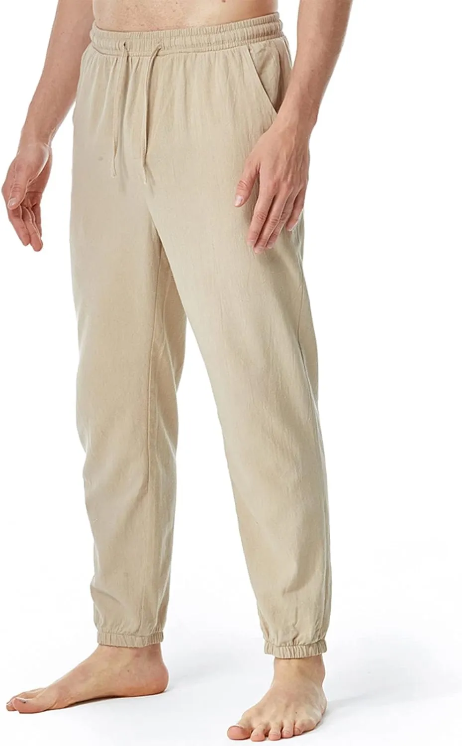Linen Pants for Men Fashion Drawstring Stretch Cotton Trousers with Pockets Causal Loose Beam Feet Sweatpants