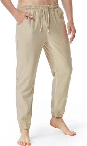 Linen Pants for Men Fashion Drawstring Stretch Cotton Trousers with Pockets Causal Loose Beam Feet Sweatpants