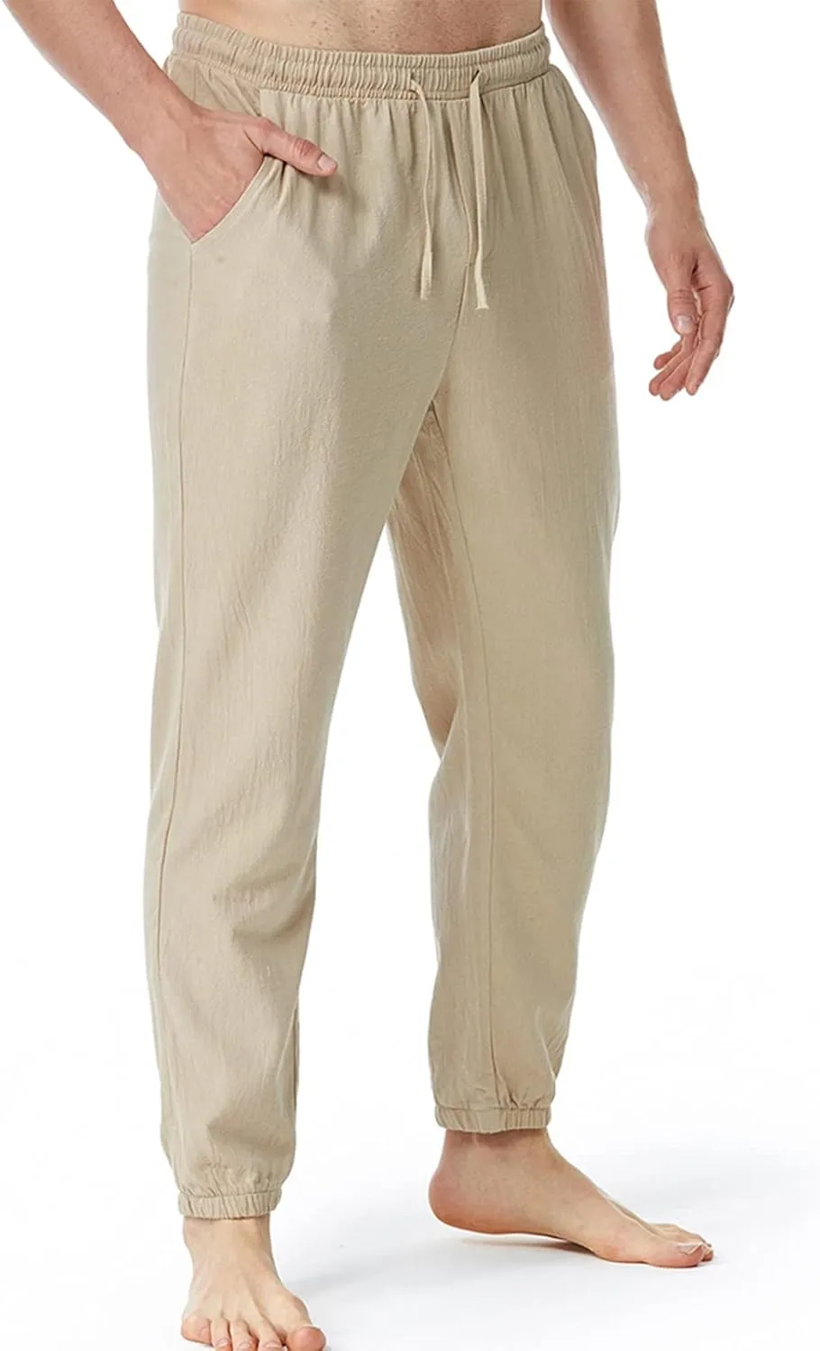 Linen Pants for Men Fashion Drawstring Stretch Cotton Trousers with Pockets Causal Loose Beam Feet Sweatpants