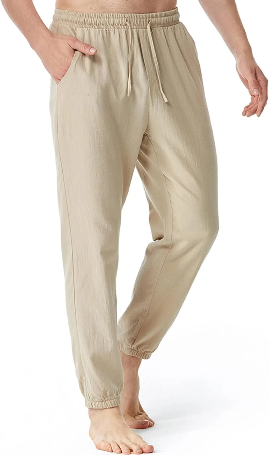 Linen Pants for Men Fashion Drawstring Stretch Cotton Trousers with Pockets Causal Loose Beam Feet Sweatpants