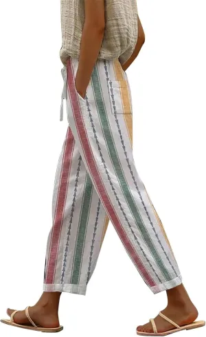Linen Pants for Women 2025 Summer High Waist Elastic Straight Leg Lounge Capri Rainbow Print Loose Beach Trousers