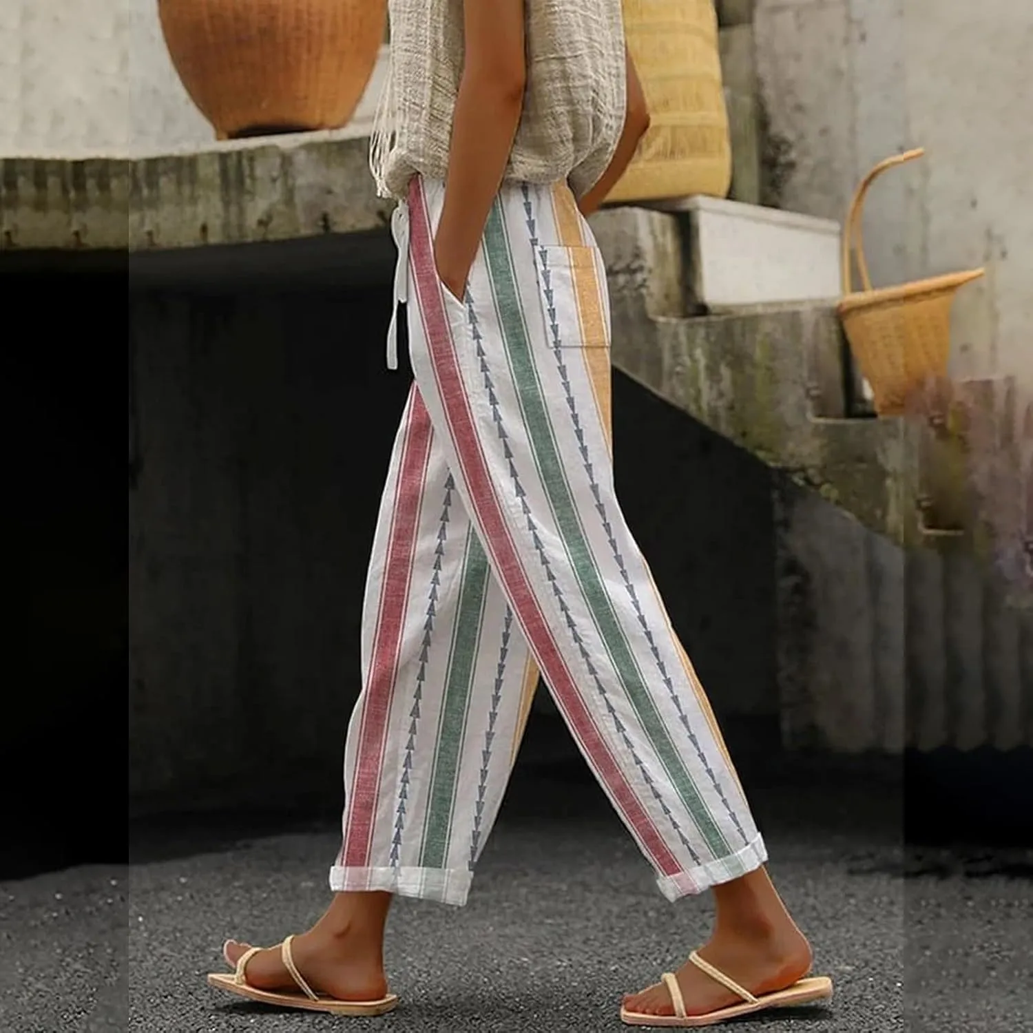 Linen Pants for Women 2025 Summer High Waist Elastic Straight Leg Lounge Capri Rainbow Print Loose Beach Trousers