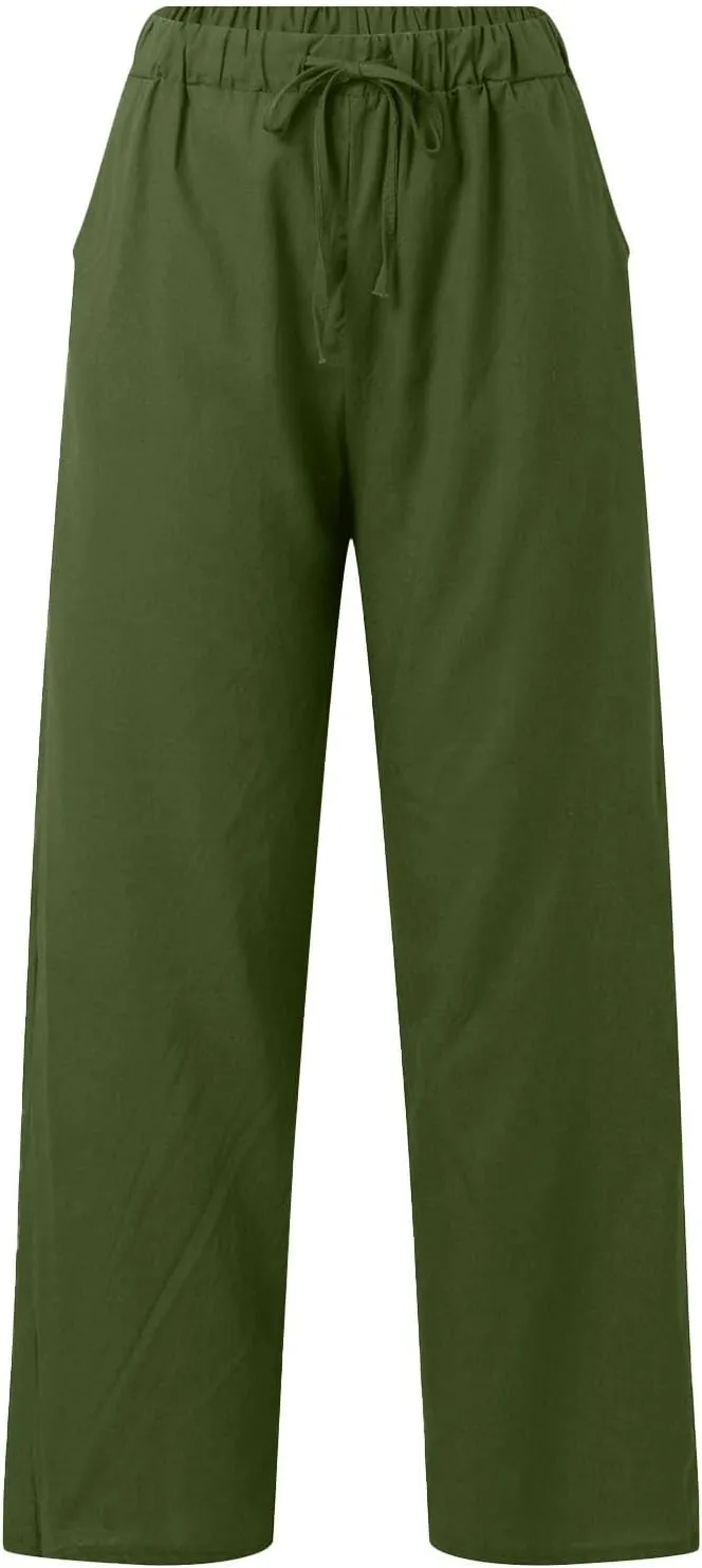 Linen Pants for Women 2025 Summmer Straight Leg Lounge Beach Pant High Waisted Elastic Drawstring with Pockets