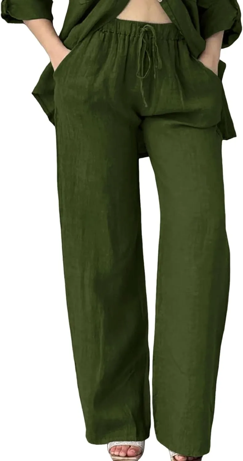 Linen Pants for Women 2025 Summmer Straight Leg Lounge Beach Pant High Waisted Elastic Drawstring with Pockets