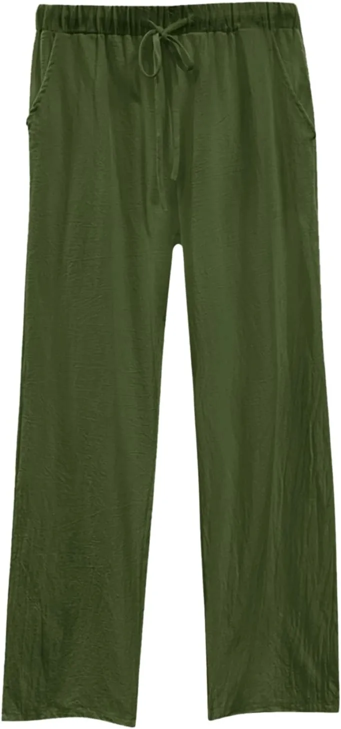 Linen Pants for Women 2025 Summmer Straight Leg Lounge Beach Pant High Waisted Elastic Drawstring with Pockets
