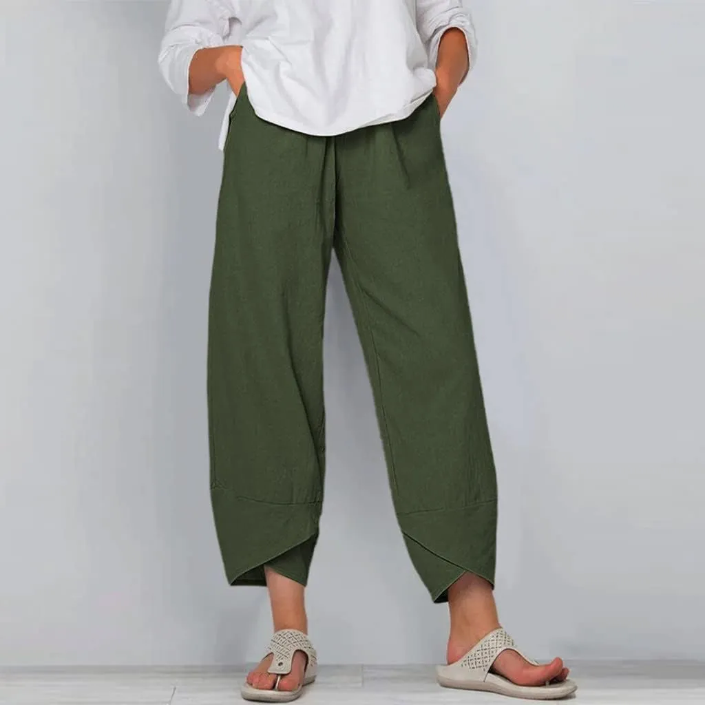 Linen Pants for Women Casual Summer Elastic Waist Pants Trousers with Pockets Beach Lightweight Capri Pants