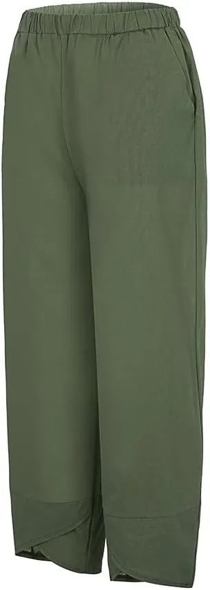 Linen Pants for Women Casual Summer Elastic Waist Pants Trousers with Pockets Beach Lightweight Capri Pants