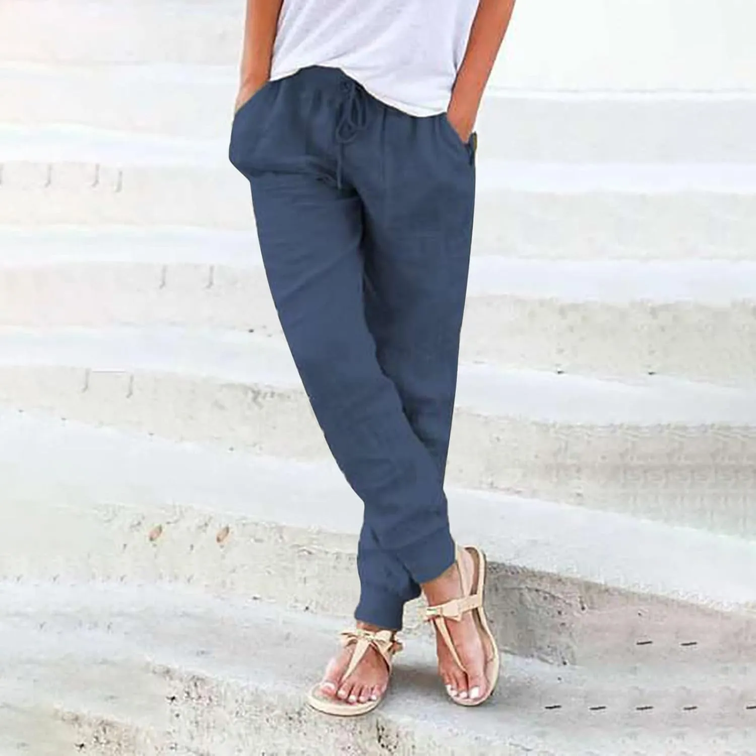 Linen Pants for Women Summer Comfy Breathable Casual Pants Drawstring Elastic Waist Baggy Long Trousers with Pockets