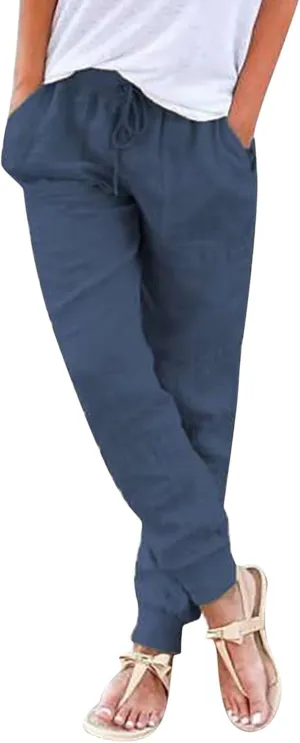 Linen Pants for Women Summer Comfy Breathable Casual Pants Drawstring Elastic Waist Baggy Long Trousers with Pockets