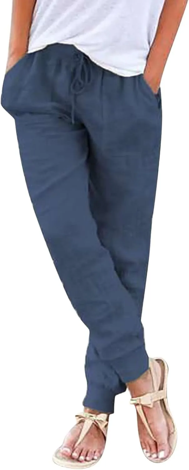 Linen Pants for Women Summer Comfy Breathable Casual Pants Drawstring Elastic Waist Baggy Long Trousers with Pockets