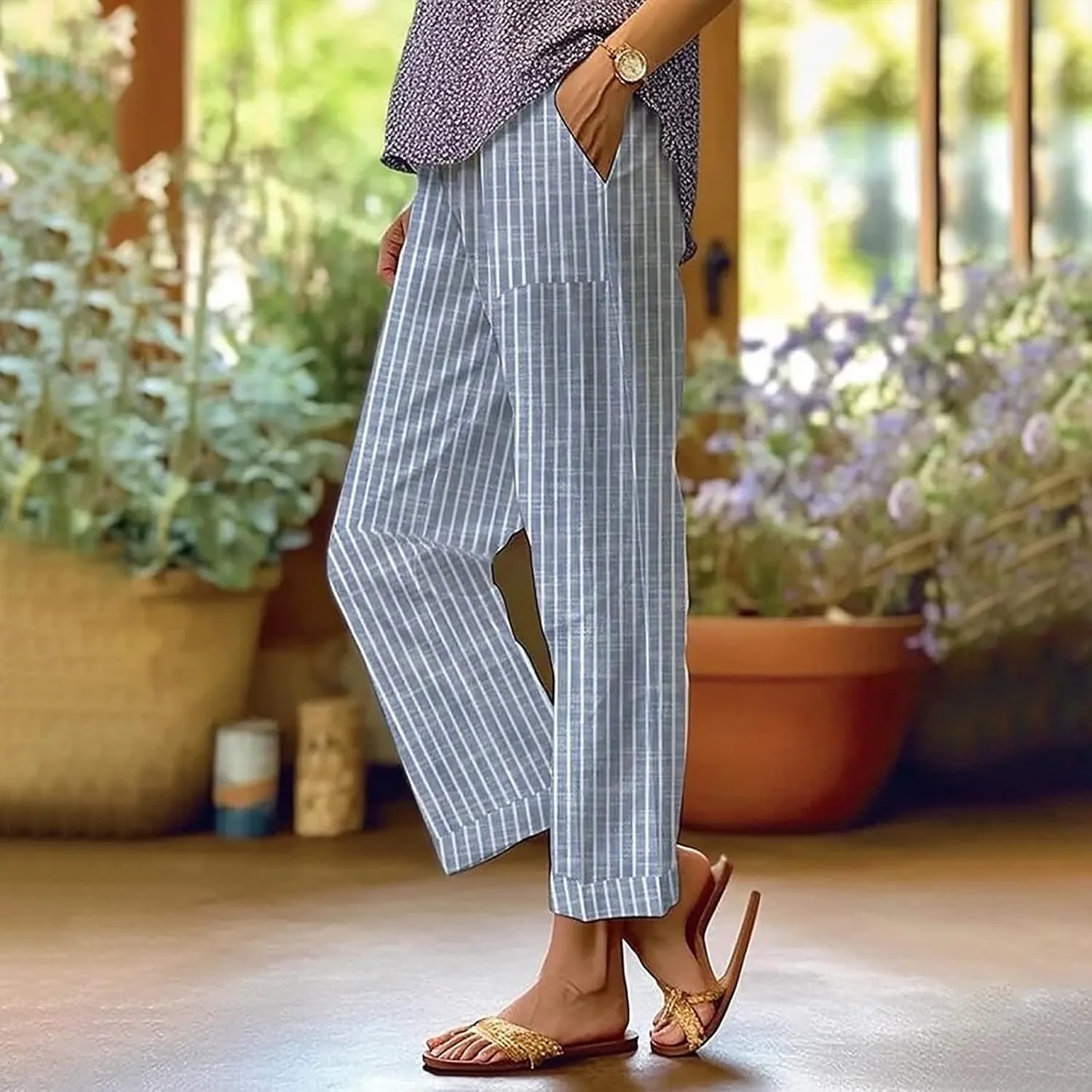 Linen Pants for Women Summer Elastic Waist Straight Leg Plus Size Crop Button Casual Beach Trousers with Pockets