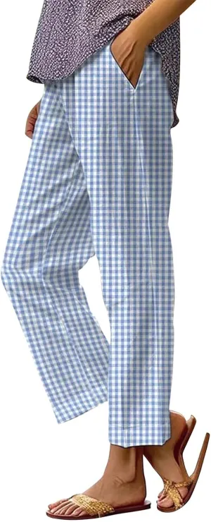 Linen Pants for Women Summer Elastic Waist Straight Leg Plus Size Crop Button Casual Beach Trousers with Pockets