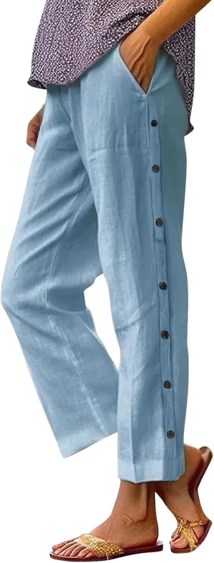 Linen Pants for Women Wide Leg Elastic High Waisted Palazzo Pants 2025 Summer Boho Floral Lightweight Beach Trousers