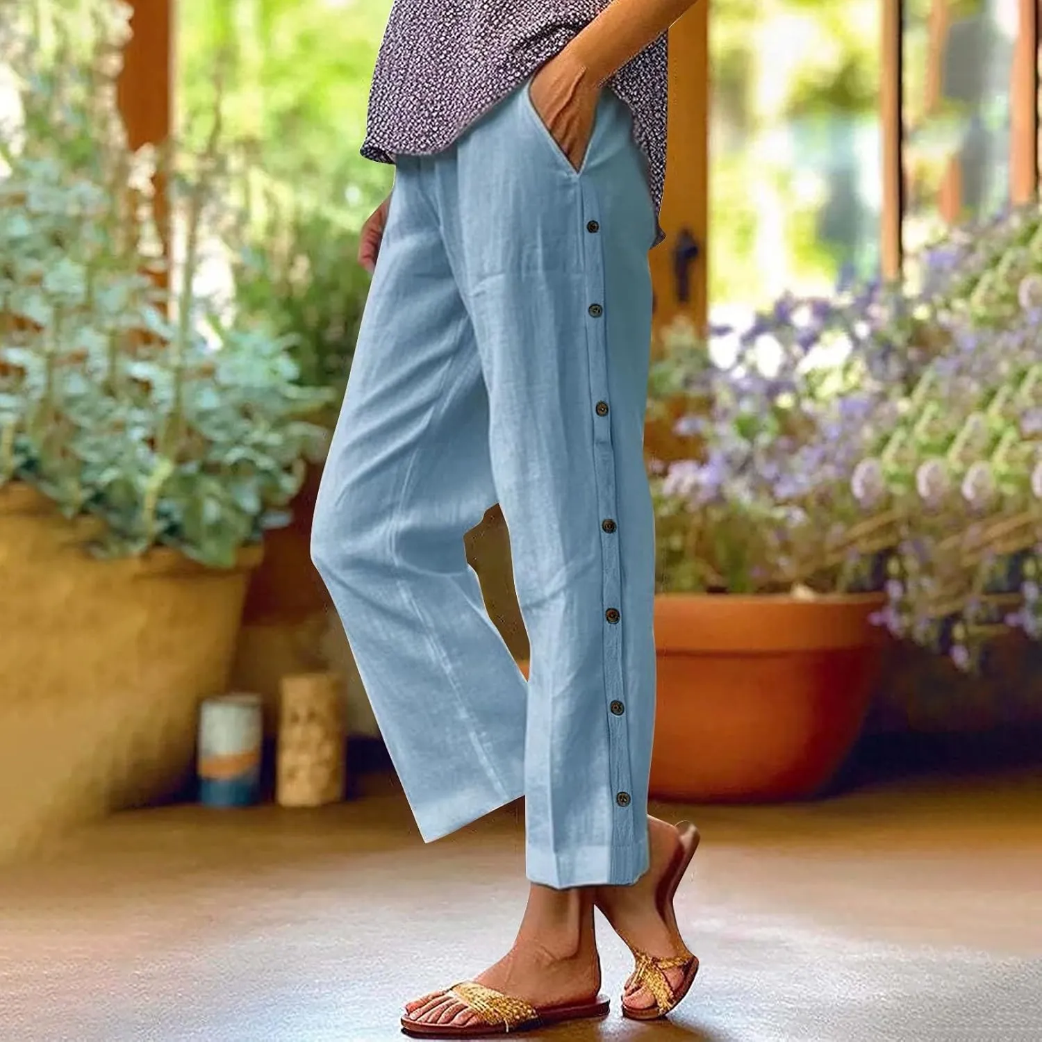 Linen Pants for Women Wide Leg Elastic High Waisted Palazzo Pants 2025 Summer Boho Floral Lightweight Beach Trousers