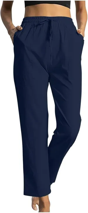 Linen Pants Women 2025 Summer High Waist Elastic Long Pant Straight Leg Lounge Pants Casual Lightweight Trousers