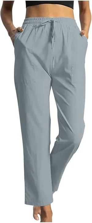 Linen Pants Women 2025 Summer High Waist Elastic Long Pant Straight Leg Lounge Pants Casual Lightweight Trousers