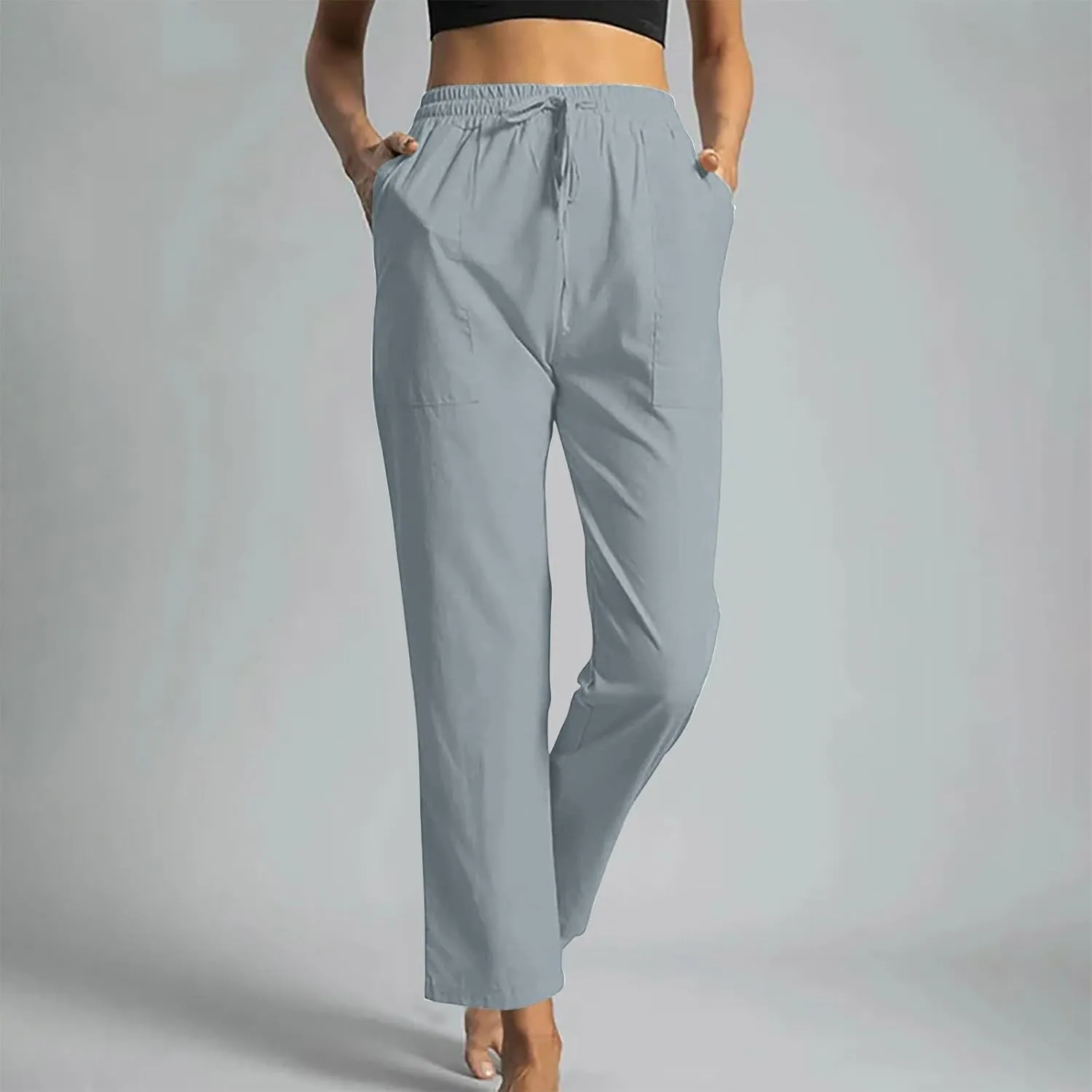Linen Pants Women 2025 Summer High Waist Elastic Long Pant Straight Leg Lounge Pants Casual Lightweight Trousers