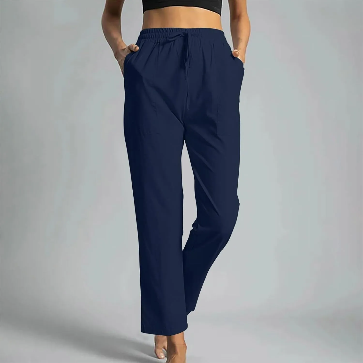 Linen Pants Women 2025 Summer High Waist Elastic Long Pant Straight Leg Lounge Pants Casual Lightweight Trousers