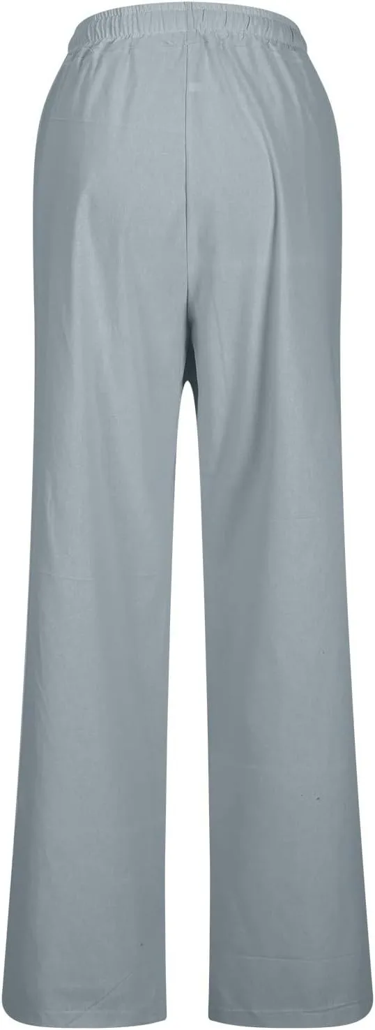 Linen Pants Women 2025 Summer High Waist Elastic Long Pant Straight Leg Lounge Pants Casual Lightweight Trousers
