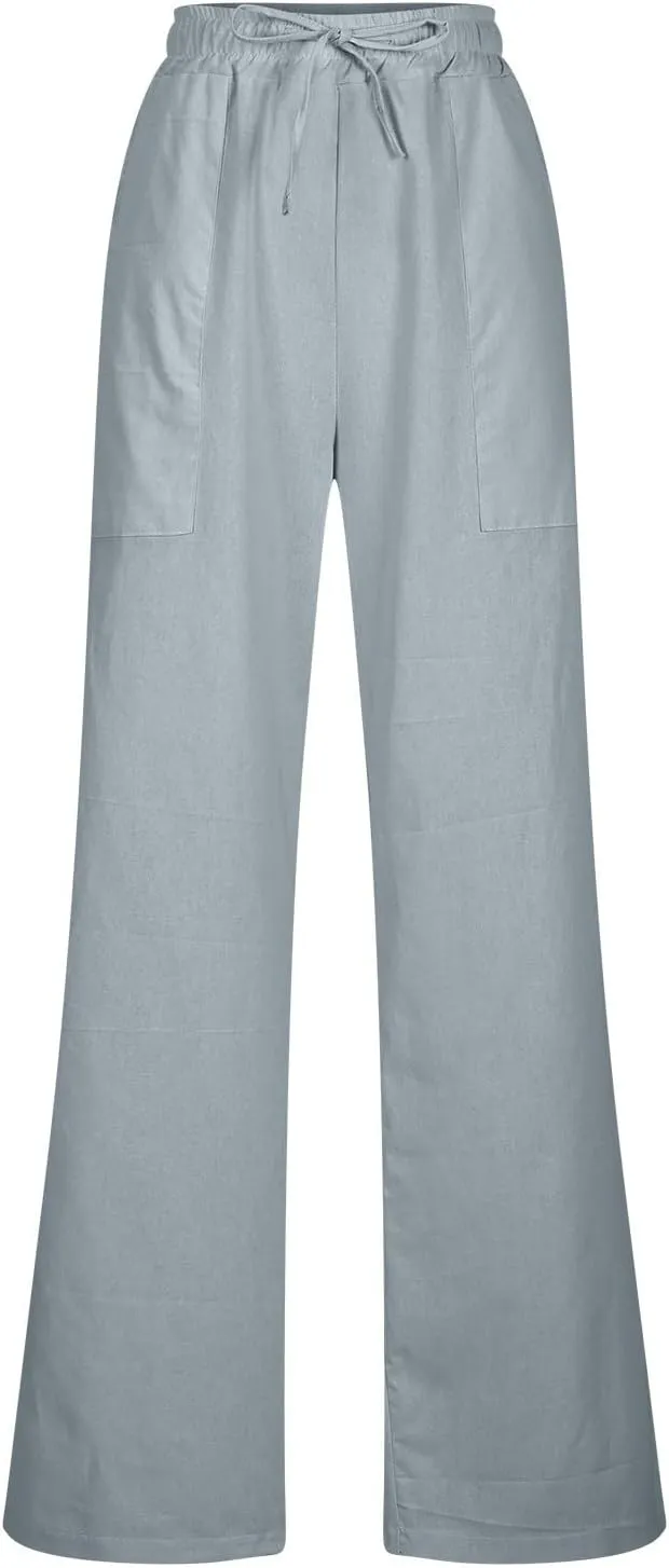 Linen Pants Women 2025 Summer High Waist Elastic Long Pant Straight Leg Lounge Pants Casual Lightweight Trousers