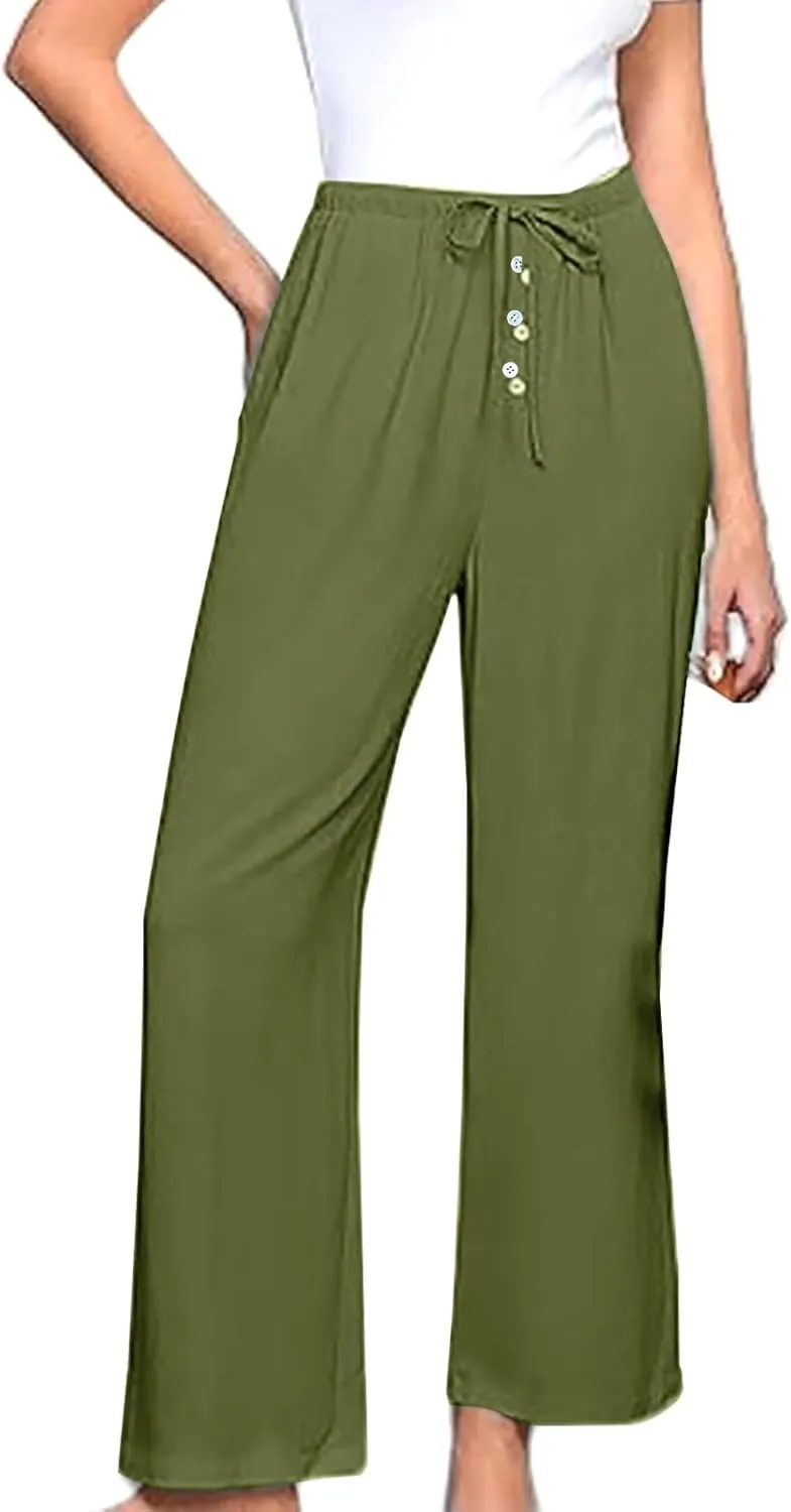 Linen Pants Women Drawstring High Waisted Wide Leg Cotton Baggy Trousers 2025 Summer Casual Bell Pant with Pockets