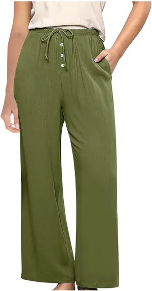 Linen Pants Women Drawstring High Waisted Wide Leg Cotton Baggy Trousers 2025 Summer Casual Bell Pant with Pockets