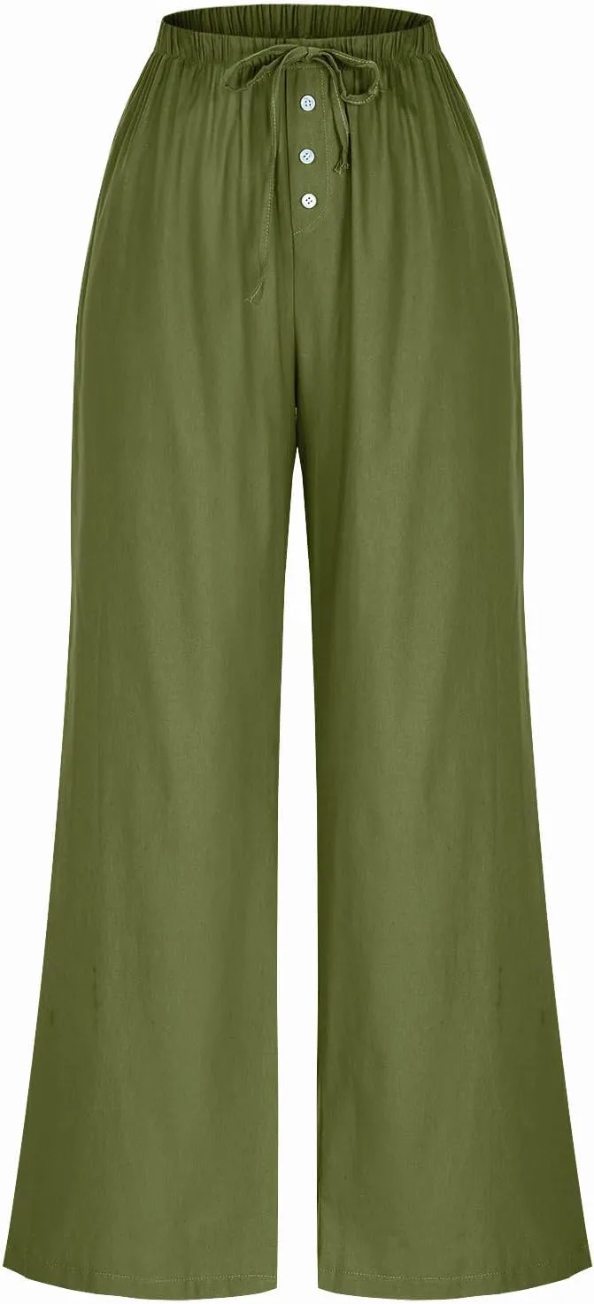 Linen Pants Women Drawstring High Waisted Wide Leg Cotton Baggy Trousers 2025 Summer Casual Bell Pant with Pockets