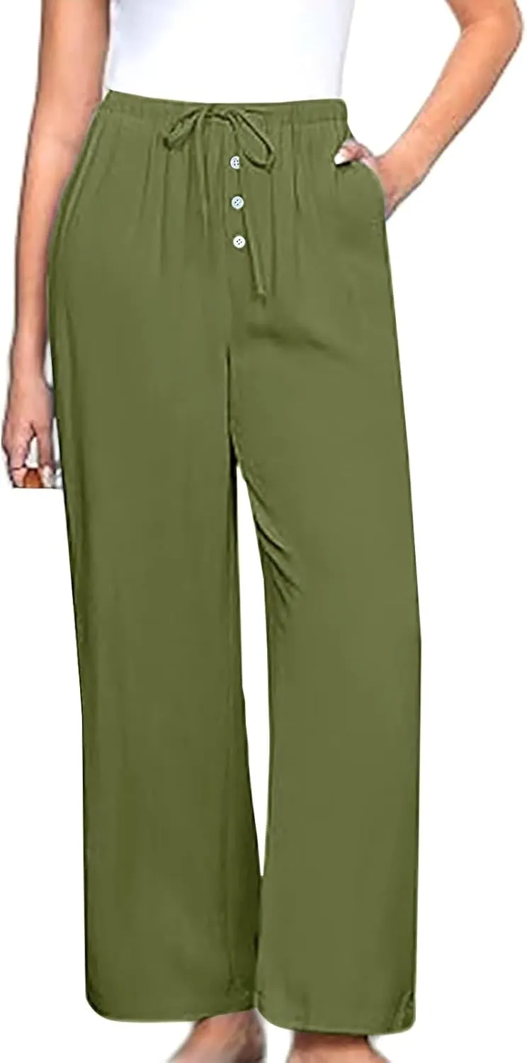 Linen Pants Women Drawstring High Waisted Wide Leg Cotton Baggy Trousers 2025 Summer Casual Bell Pant with Pockets